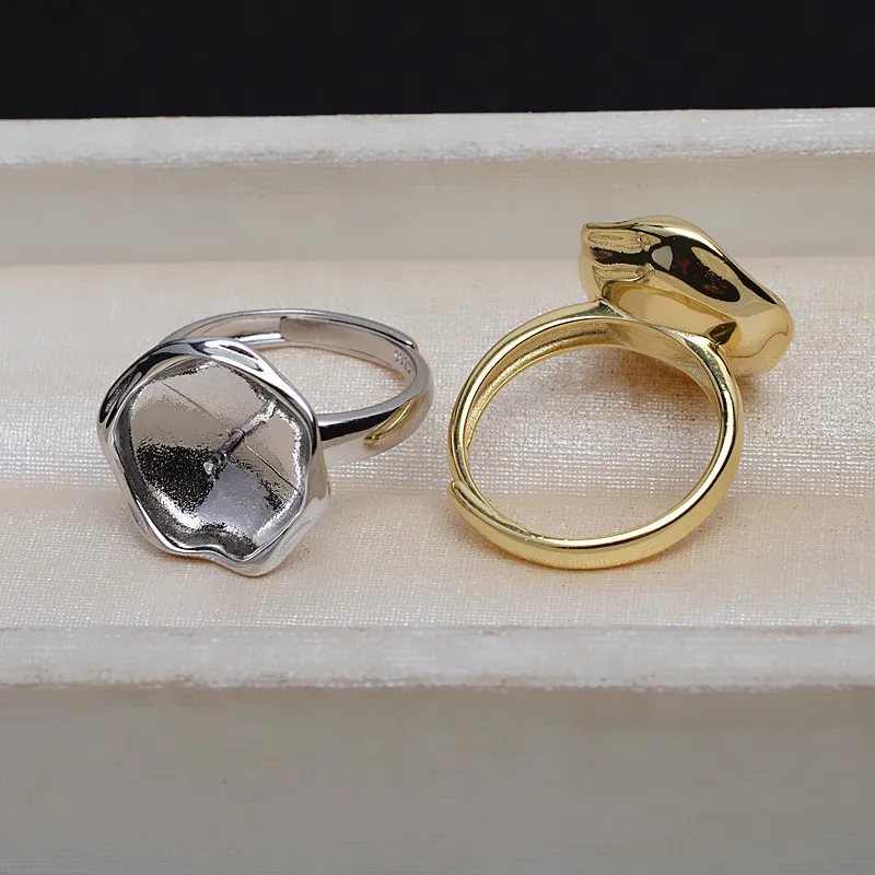 S925 Sterling Silver Adjustable Finger Ring Mountings Base Setting Findings Jewelry Mount Accessories for 14-16mm Pearls