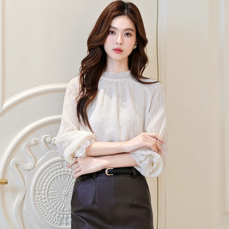 المرأة بلوزة قميص جديد طويل الأكمام الوقوف طوق أنيقة بلوزة شيفون قميص المرأة بلايز البلوزات قمصان Blusas Camisas 2025 Q729