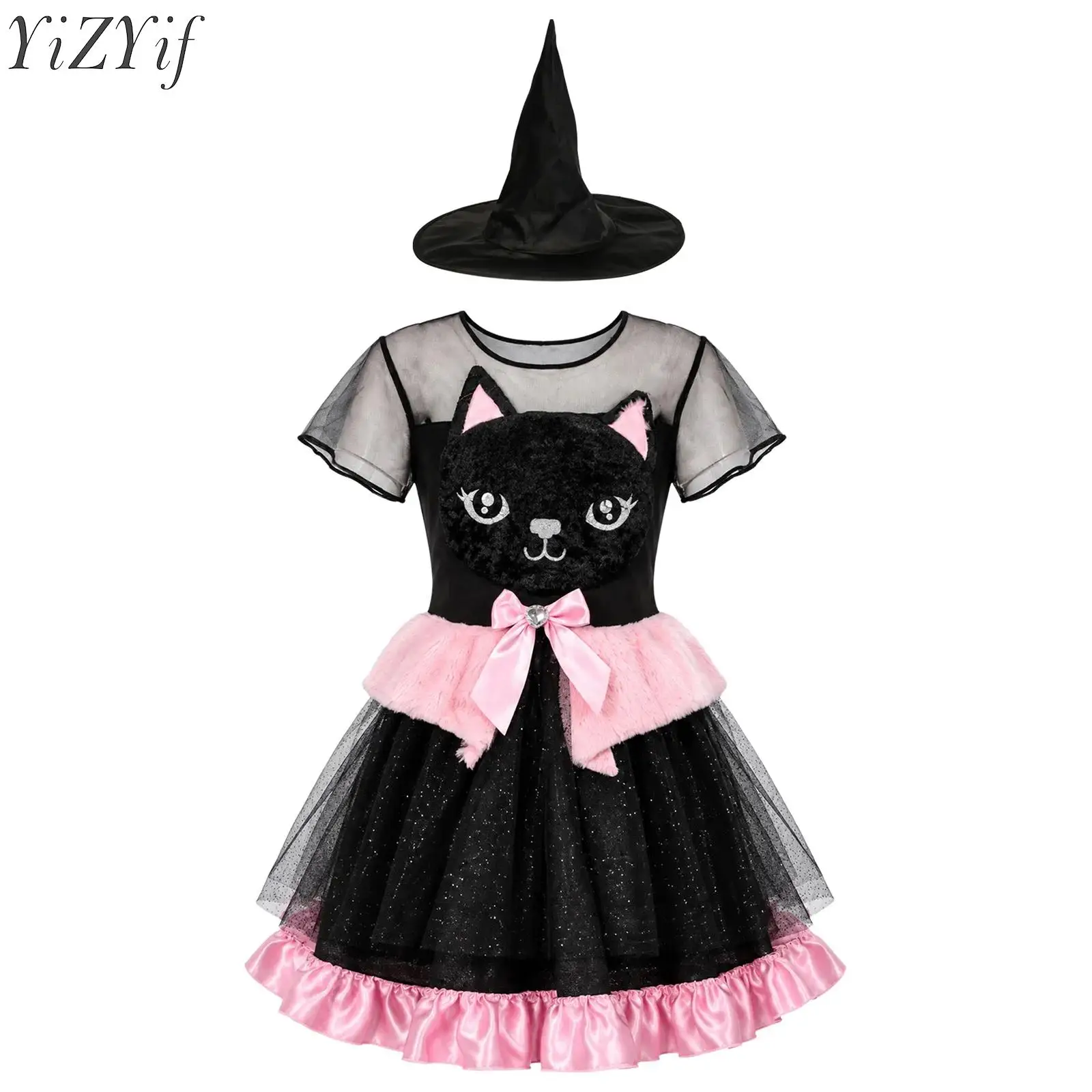 Kids Girls Cat Cosplay Costume Short Sleeve Layered Mesh Tulle Dress with Wizard Hat for Halloween Roleplay Party Fancy Dress Up