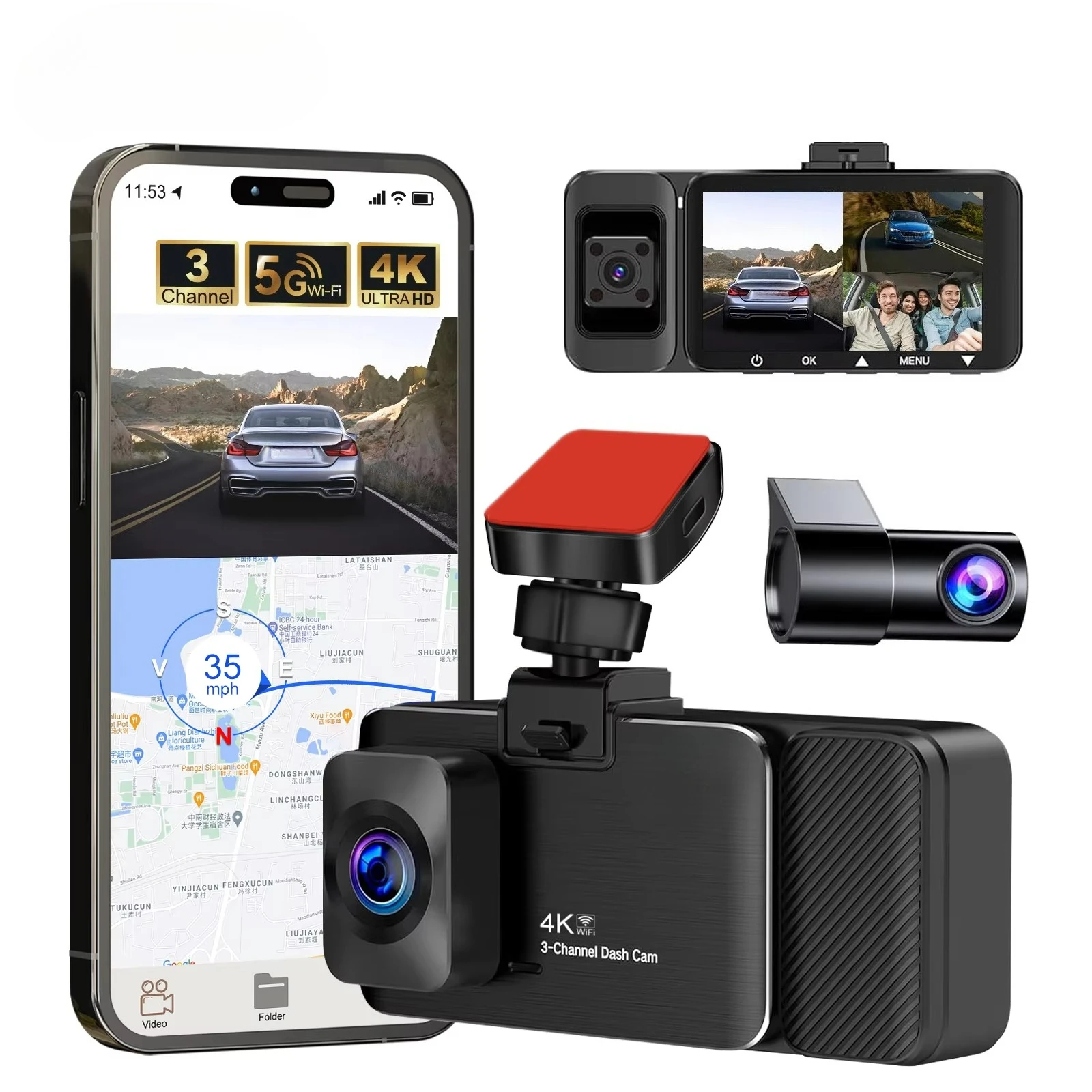 ADINKAM 3 Channel Dash Cam 4K WiFi GPS Front Cabin Rear Triple Lens Car Camera Novatek Chipset 4 IR Dashboard Car DVR C315 Pro