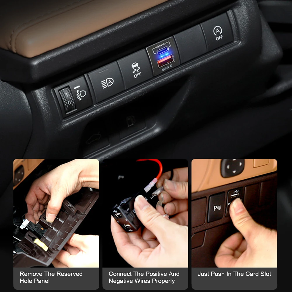 New For Toyota QC3.0 USB Type-C PD 12V Mobile Phone Accessories Power Socket 48W Fast Charger Voltmeter Quick Charge