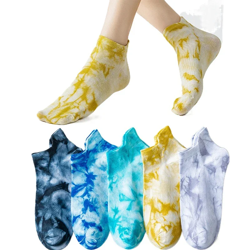 2021 New Tie-dyed Boat Socks, Cotton Socks, Ladies Boat Socks, Breathable Color Japanese Shallow Mouth Socks, Spring and Summer