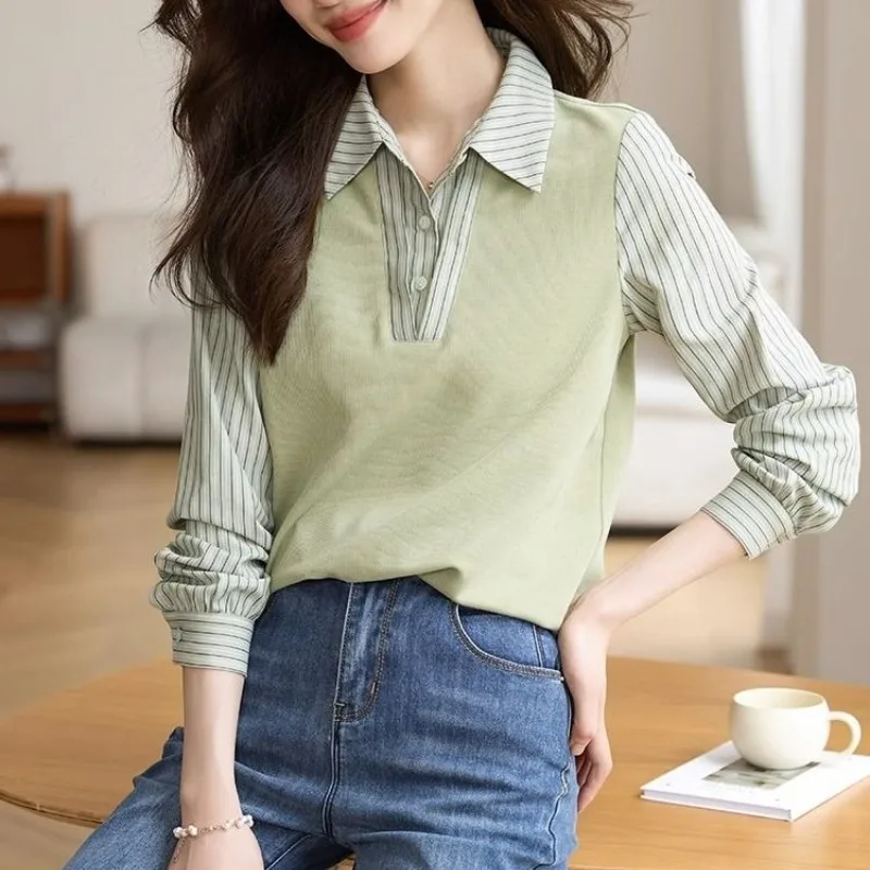 Women\'s Pullover Patchwork Stripe Fake Two Piece Shirt Set Spring and Autumn Women\'s Fashion Polo Neck Long Sleeve Casual Tops