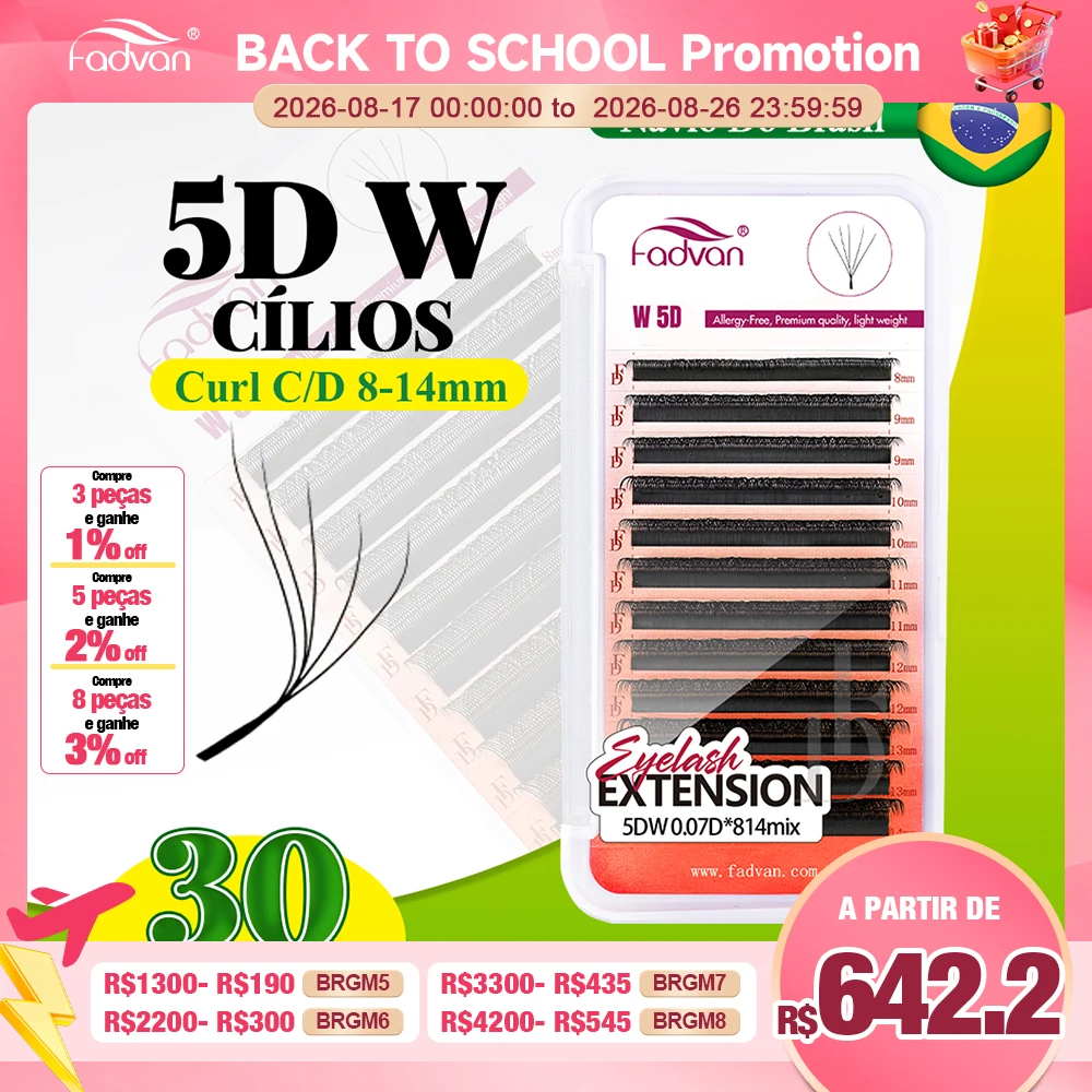 FADVAN Cílios 5D 30 Peças Frete Grátis do Brasil Curvatura D Formato W Extensões de Cílios Fans de Volume Pré-fabricados Ferramentas de Maquiagem para Cílios