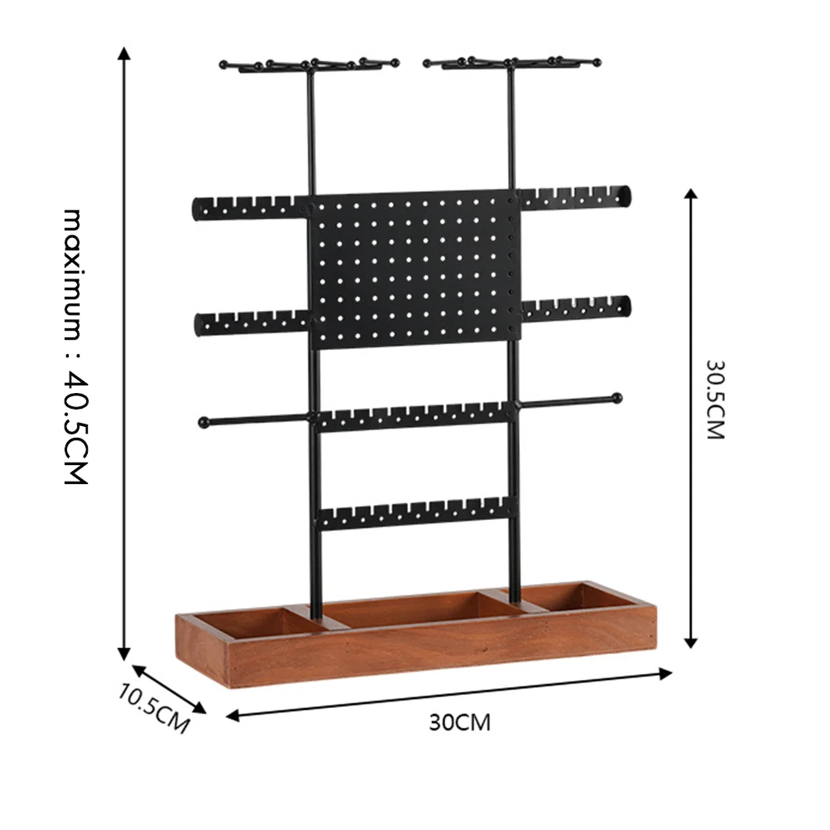 Jewellery Stand with Wooden Base, Height Adjustable Jewellery Organiser Stand, Metal Jewellery Holder Display Tower