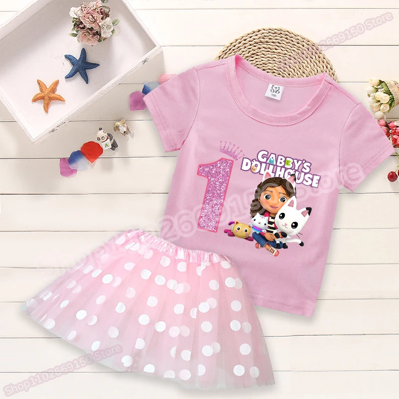 Kawaii Gabby Dollhouses Girls Birthday Party Clothing Kids Cartoon Cute T-shirt Skirt Set Summer Children Anime Casual Suit Gift