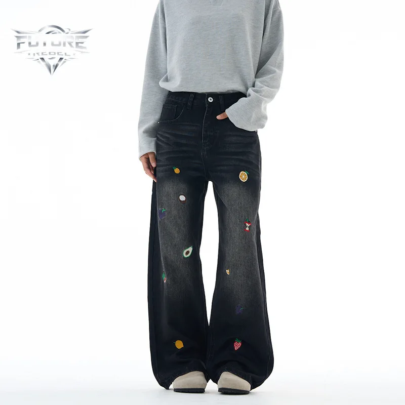 

Y2K Retro Gothic Fruit Embroidered Gradient Denim Jeans Men Baggy Streetwear Casual Wide Leg Trousers Harajuku Hip Hop Unisex