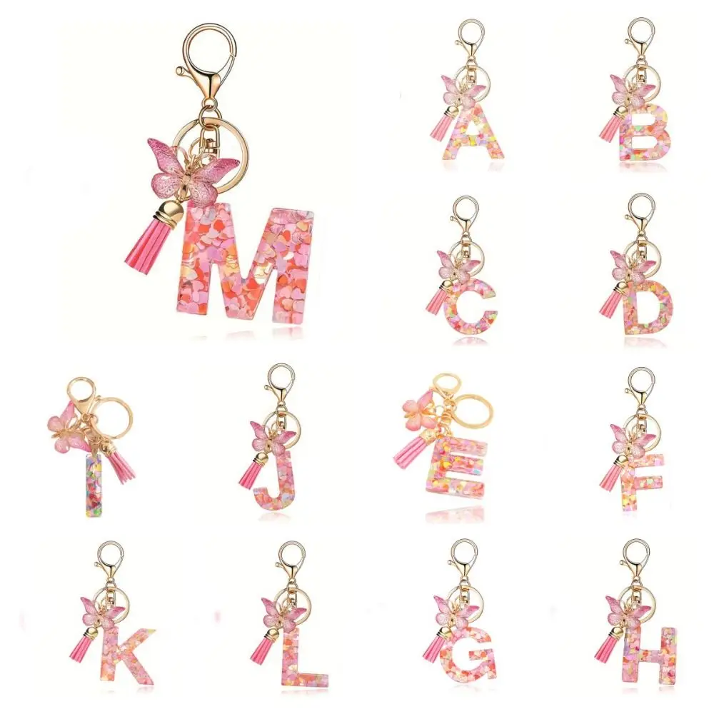 

Creative Dreamy 26 Letter Keychain A-Z Sequin Butterfly Initial Keyring Tassel Resin Alphabet Key Chain Gift