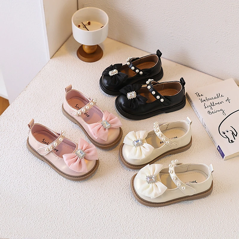 

Girls' Leather Shoes 2025 Spring/Autumn New Fashion Bowknot Round Toe Kid's Princess Shoes Non-slip Children's Shoes 21-30