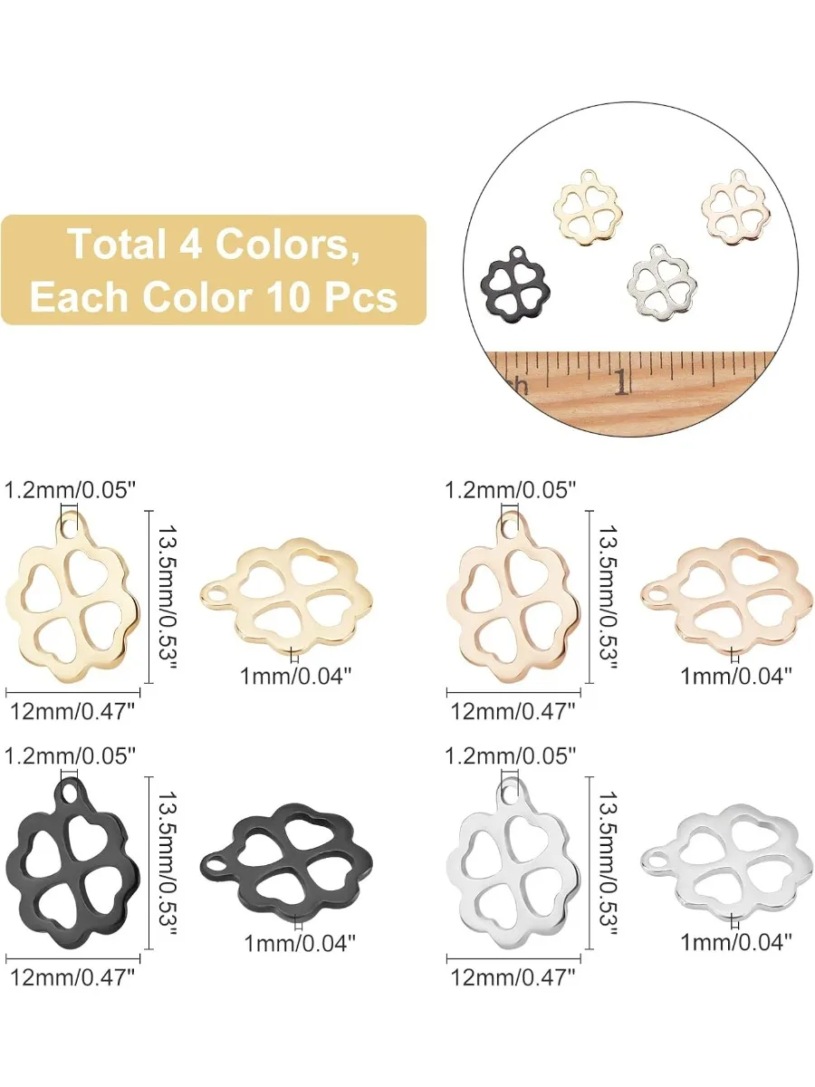 40Pcs 4 Colors Four-Leaf Clover Pendants Stainless Steel Four-Leaf Clover Charms 1.2mm Hole Dangle Charms Earring Charms