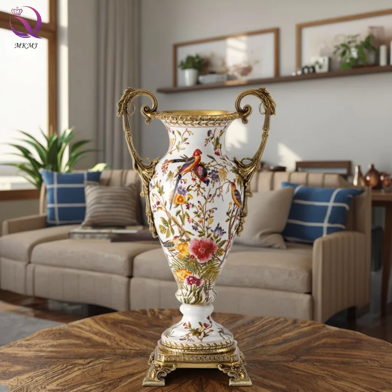

European home decoration living room porch ceramic with copper vase decoration antique hand-painted storage tank