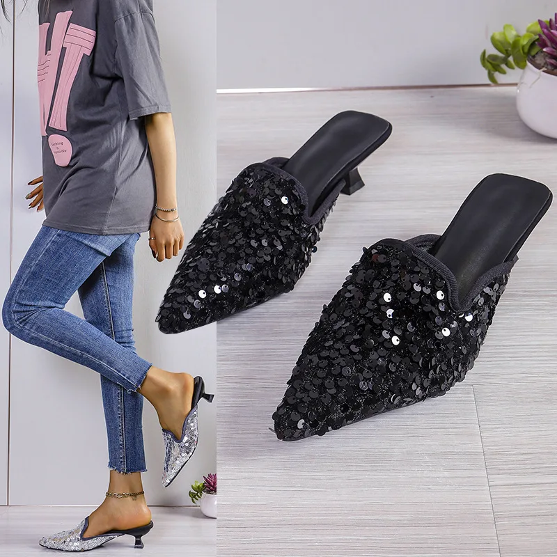 Zapatillas De moda para Mujer, pantuflas poco profundas sexis para fiesta, Zapatos ostentosos para Mujer, calzado De tacón para verano, Zapatos De Mujer