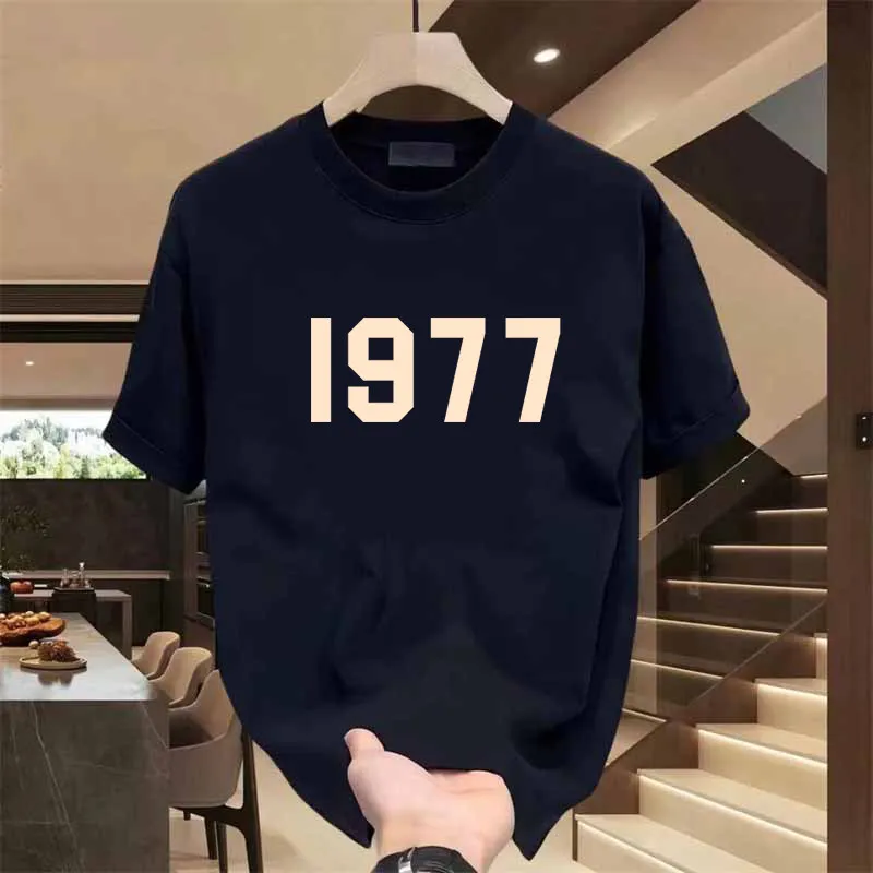 Retro Digital 1977 Pure Cotton Printed Fashionable Men's and Women's T-shirt New Casual Loose Round Neck Short Sleeved Shirt