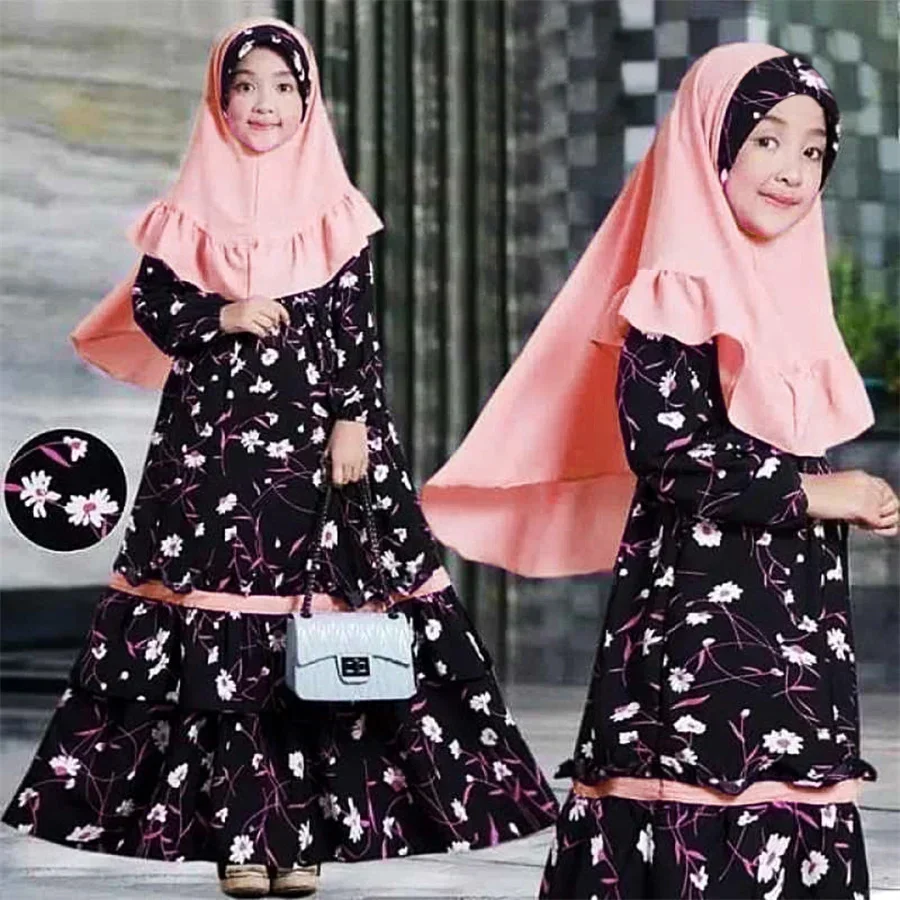 Muslim Girls Abaya Flower Print Hijab Maxi Prayer Dress Headscarf Sets Cute Kids Islamic Arab Robe Kaftan Dubai Ramadan Clothes