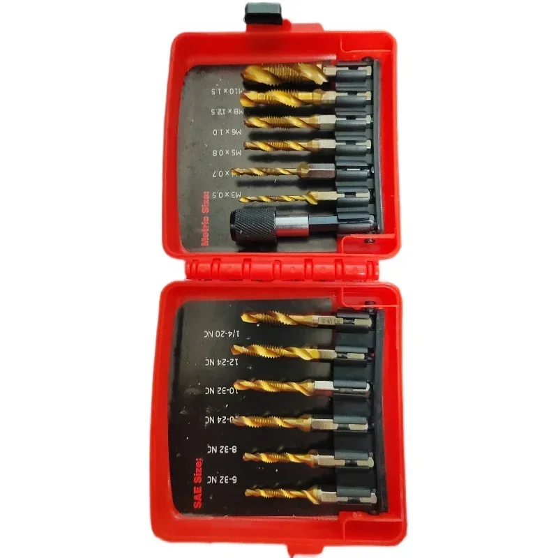 

12 piece set of metric, British, and American hexagonal handle composite tap drilling and chamfering integrated composite tap