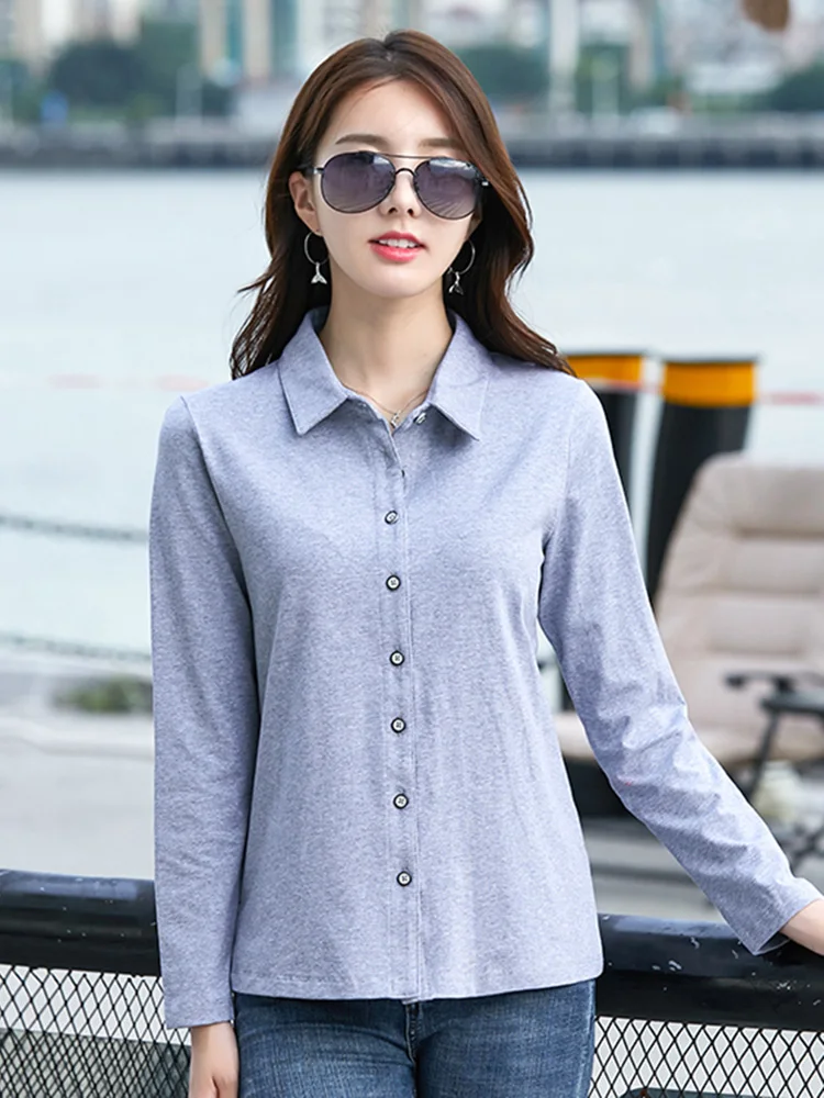 Nueva Camiseta Manga Larga Mujer Primavera Otoño Moda cuello vuelto Single Breasted Loose Tees Simplicidad Casual Camiseta con cremallera