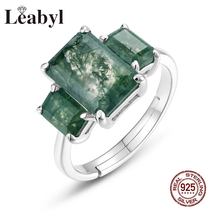 

Exaggerated Personality Green Moss Stone Index Finger Silver Ring Water Grass PatternAgate Resizable Ring Jewelry for Women Gift
