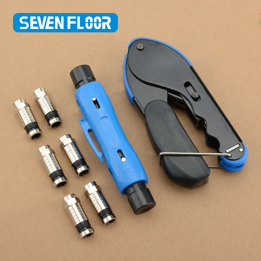 RG59,RG6 Wire Stripper Crimper Tool Kit Coaxial Cable Crimping Pliers Set With 10PCS RG6 F Compression Connectors