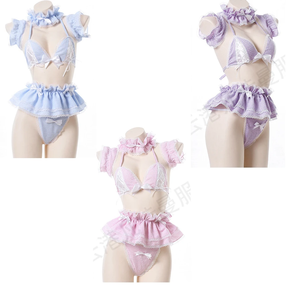 Uniforme Sirvienta Rose Bikini Collection ropa interior Sexy tentación de tres puntos ahuecado personaje seductor mucama apasionada Pl