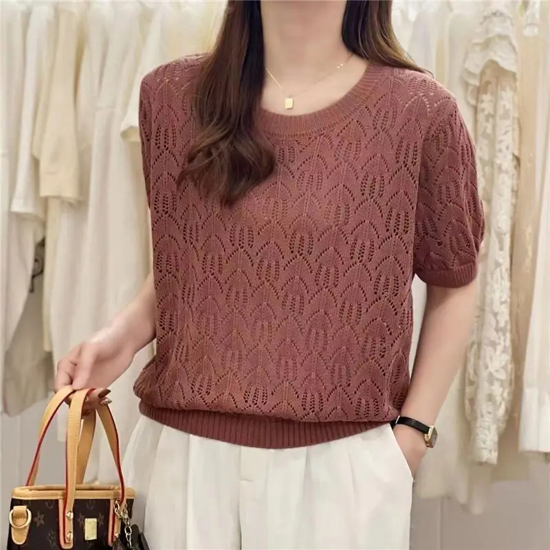 Women Clothing Summer Fashion Hollow Simple Casual Knitted Sweaters Ladies Solid O Neck Short Sleeve Loose Pullover Tops Jumpers