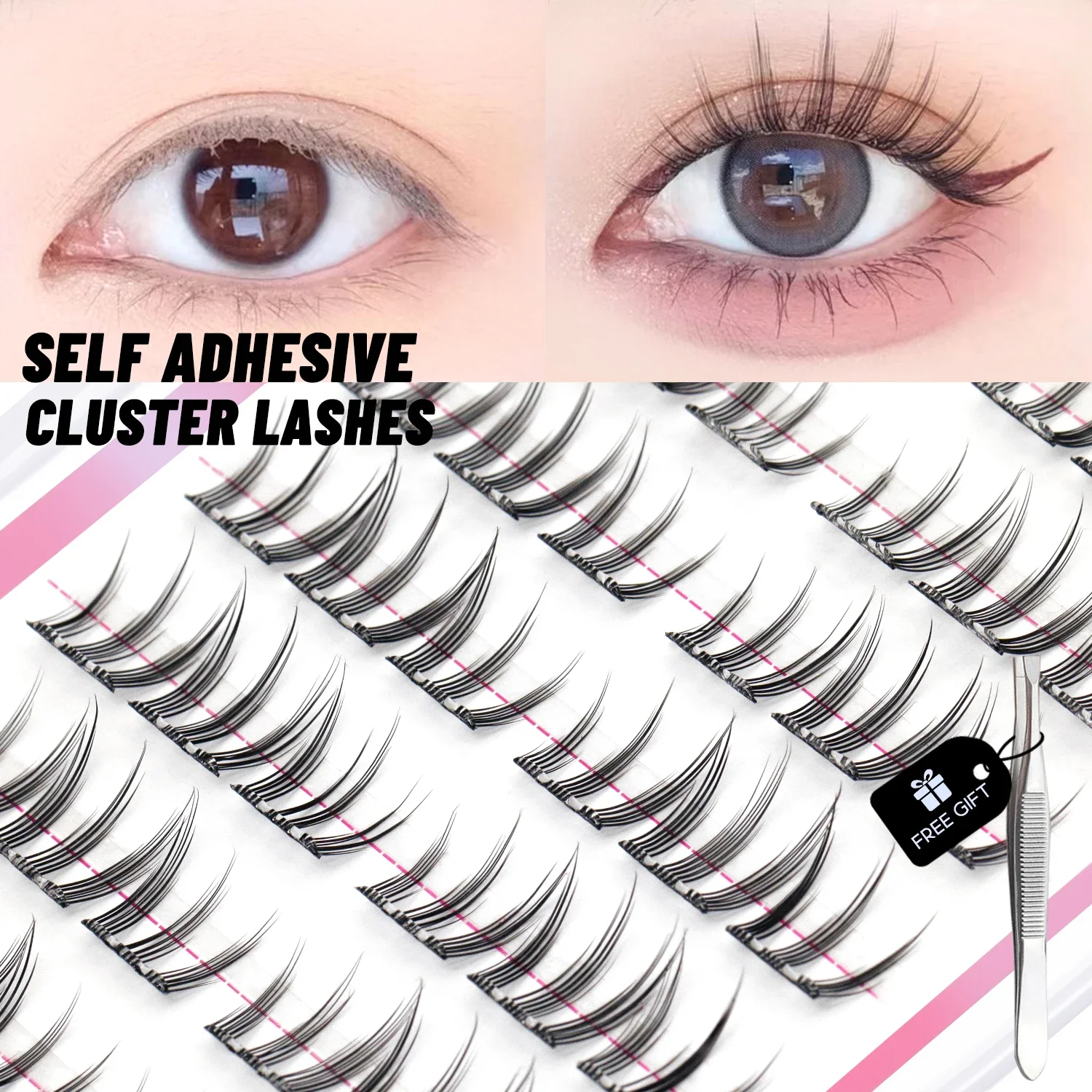 GROINNEYA Kleberfreie Cluster-Wimpern, selbstklebend, kein Entfernen erforderlich, wiederverwendbar, natürliches Manga-Wimpern-Make-up