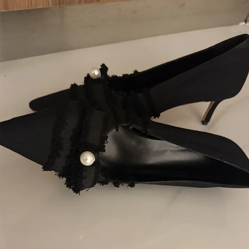 Bowknot Pearl Slingback Pointed Toe Stiletto Sandals Woman Summer 2026 Sexy Black Hollow High Heels Women's Shoes Luxury