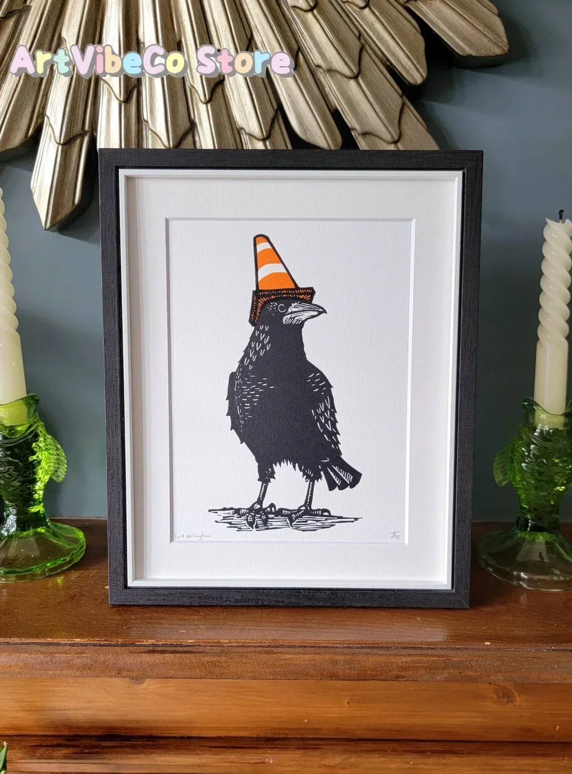 Lord Wellington - handmade original linocut crow bird art print