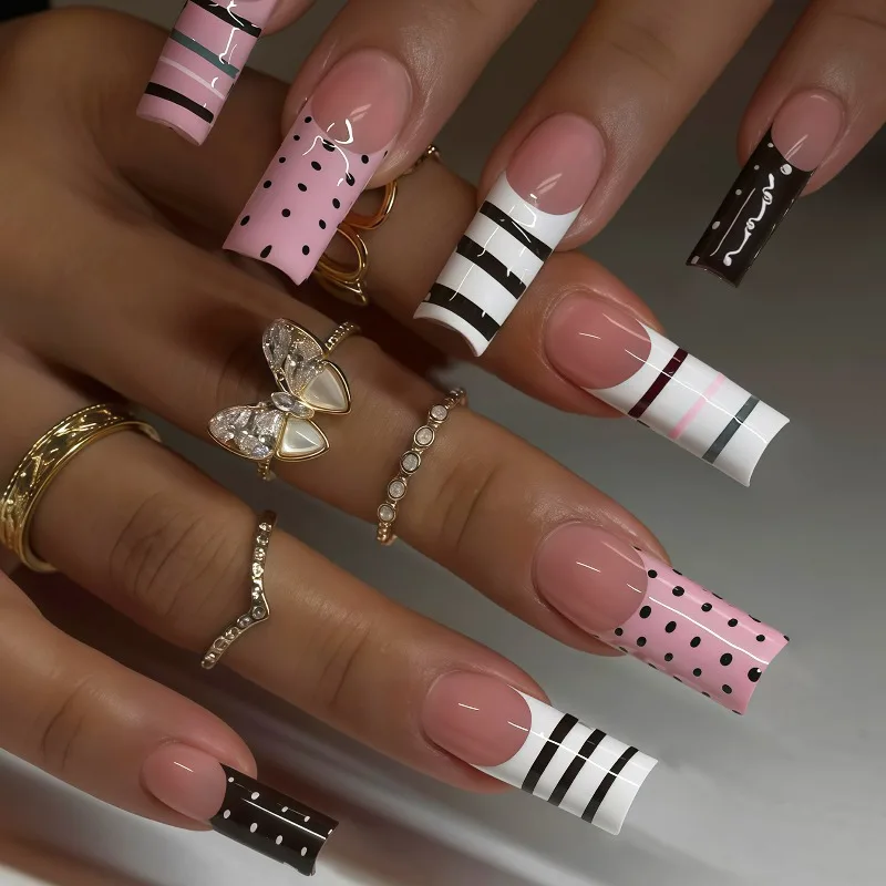 

24PCS Medium Square False Nails Y2k Pink French Press on Nails Black Polka Dots Stripes Fake Nails Reusable Fashion Manicure Tip