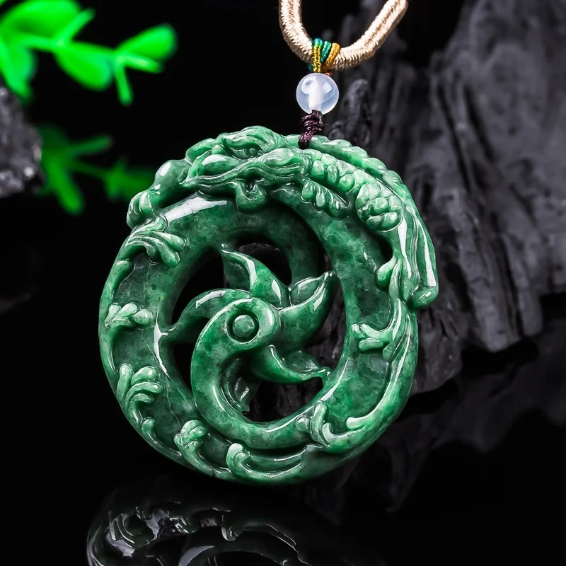 Natural A-grade jadeite in bean green color, playing with pearls, elegant zodiac dragon pendant, ice