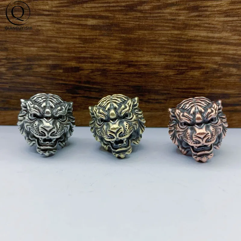 Animal Tiger Head Brass Umbrella Rope Beads DIY Knife Accessory Retro Keychain Pendant EDC Outdoor Survival Tool Lanyard Hanging