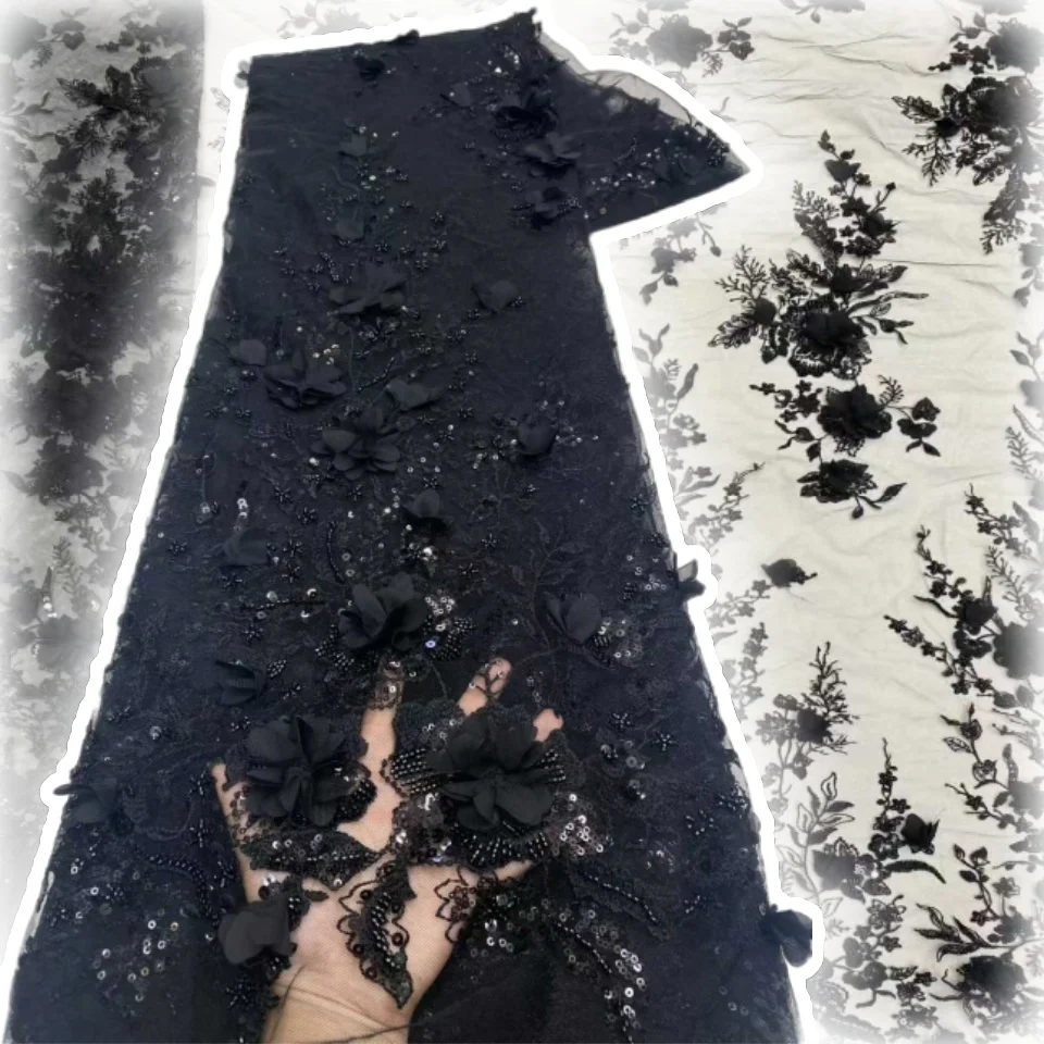 

Sky Blue 3D Flower Embroidery Lace Flower Beaded Fabric Lace Wedding Dress Gold French Lace Sequin Tulle for Sewing S1510