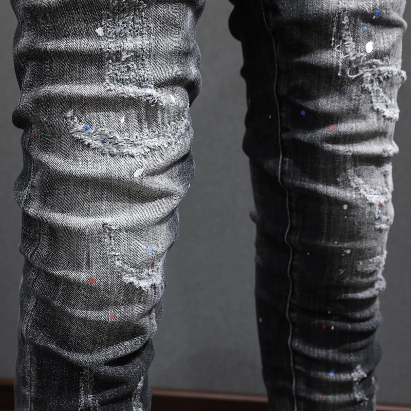 الشارع موضة الرجال الجينز الرجعية أسود رمادي مطاطا سليم ممزق جينز الرجال Vintage بنطلون مرقع رسمت مصمم الهيب هوب السراويل #5
