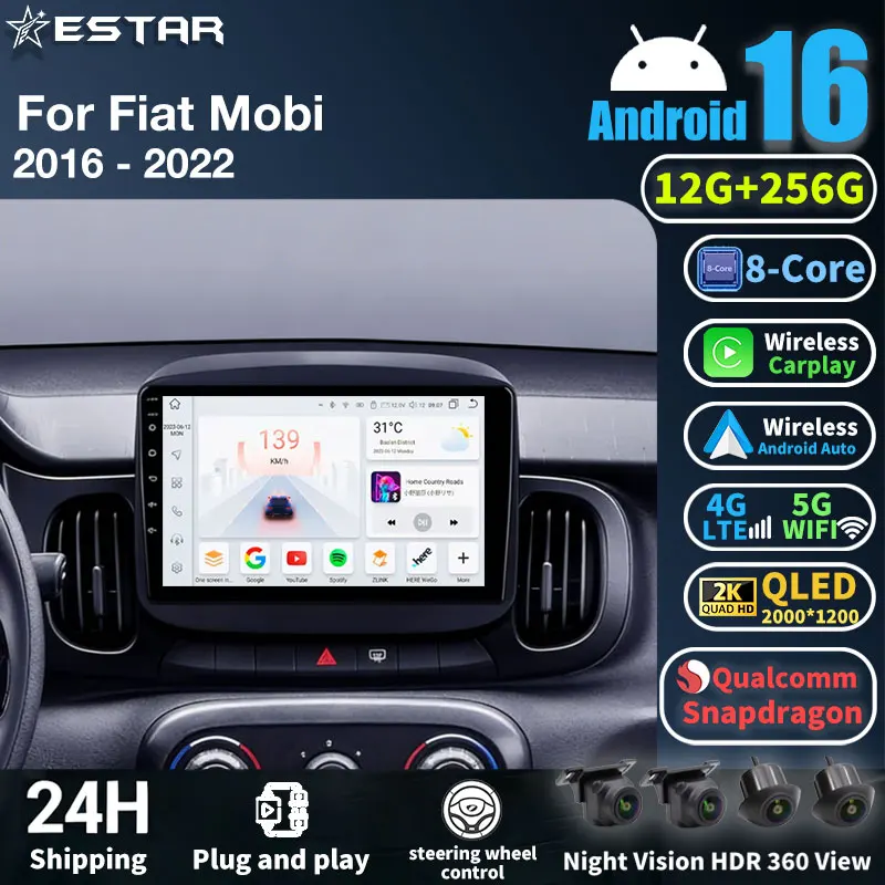 Radio Multimedia para Auto Android 16 para Fiat Mobi 2016 2017 2018 - 2022, Reproductor de Video, GPS, Navegación, Estéreo, Carplay, 4G, WIFI, Sin DVD, BT