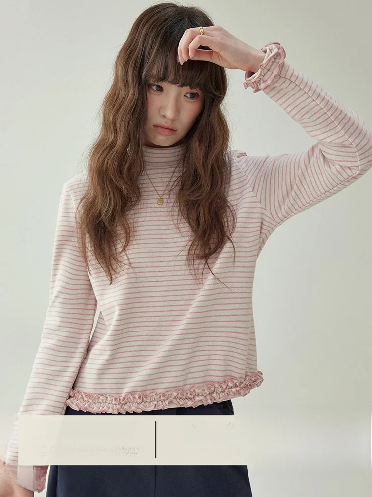 

AMUU Original Wood ain: Новая женская зимняя футболка с высоким воротником, в полоску, с длинным рукавом, свободного кроя, для повседневной носки