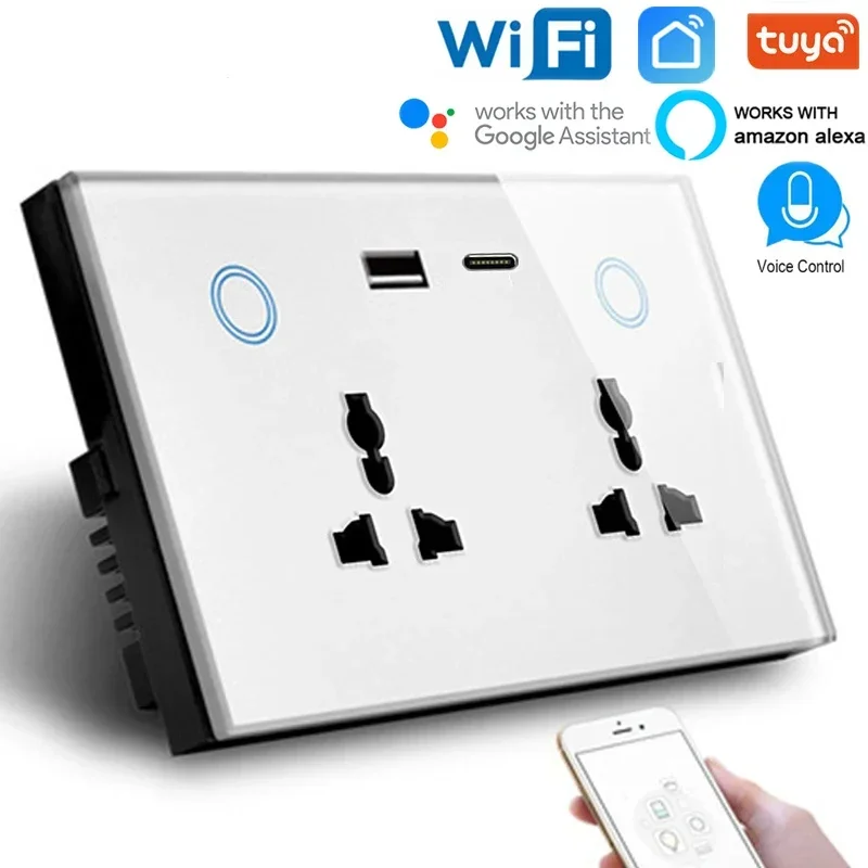 Tuya WIFI Smart USB Wall Socket Universal Electrical Plug Outlet 15A Power Touch Switch Wireless Charge Works with Alexa Google