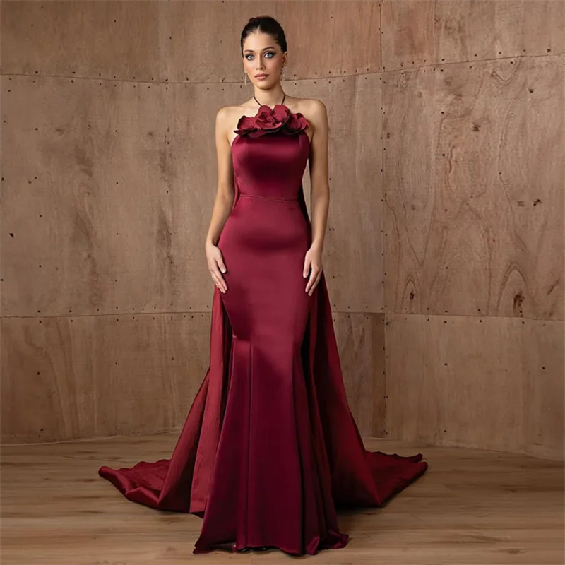 Robe De soirée sirène bordeaux, Sexy, personnalisée, col licou, sans manches, fleurs, Train Court, Robe De bal, robes De soirée