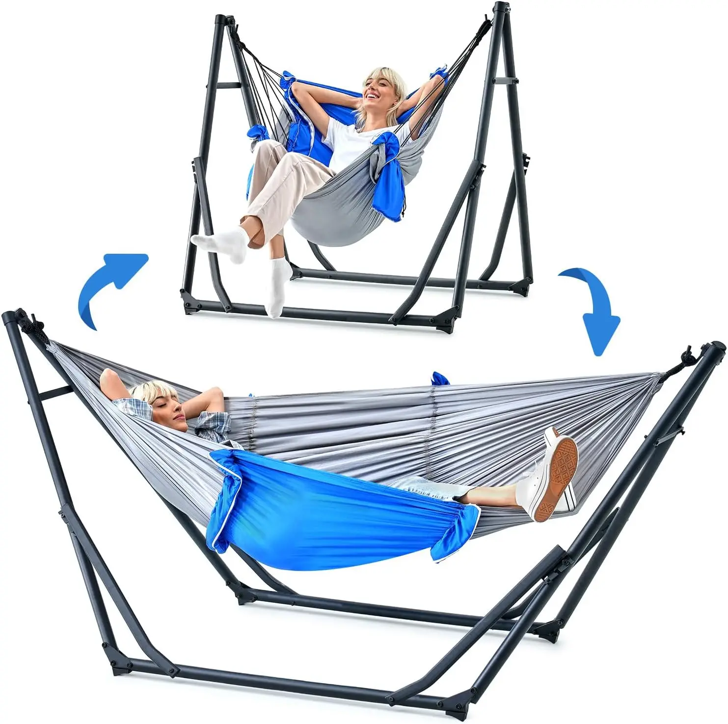 Hammock with Stand for Outside, Foldable Hammock Stand, 2 in 1 Hammock Chair for Camping Backyard, Patio, Indoor Use