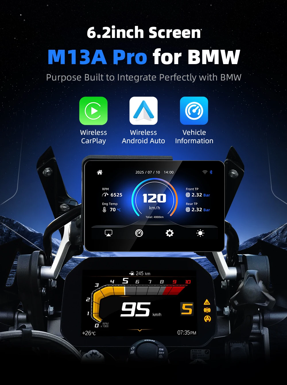 for BMW R1200GS R1250GS etc. IP67 Motorcycle Linux Carplay 6.2 Inch Wireless CarPlay Android Auto With CANbus Protocol(optional)