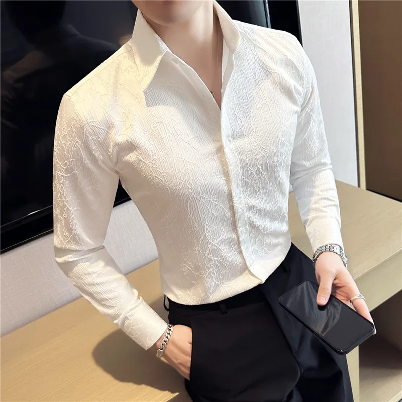 Men Spring High Quality Jacquard Design Casual Long-sleeved Shirts/Male Slim Fit Lapel High Quality Business Shirt Homme