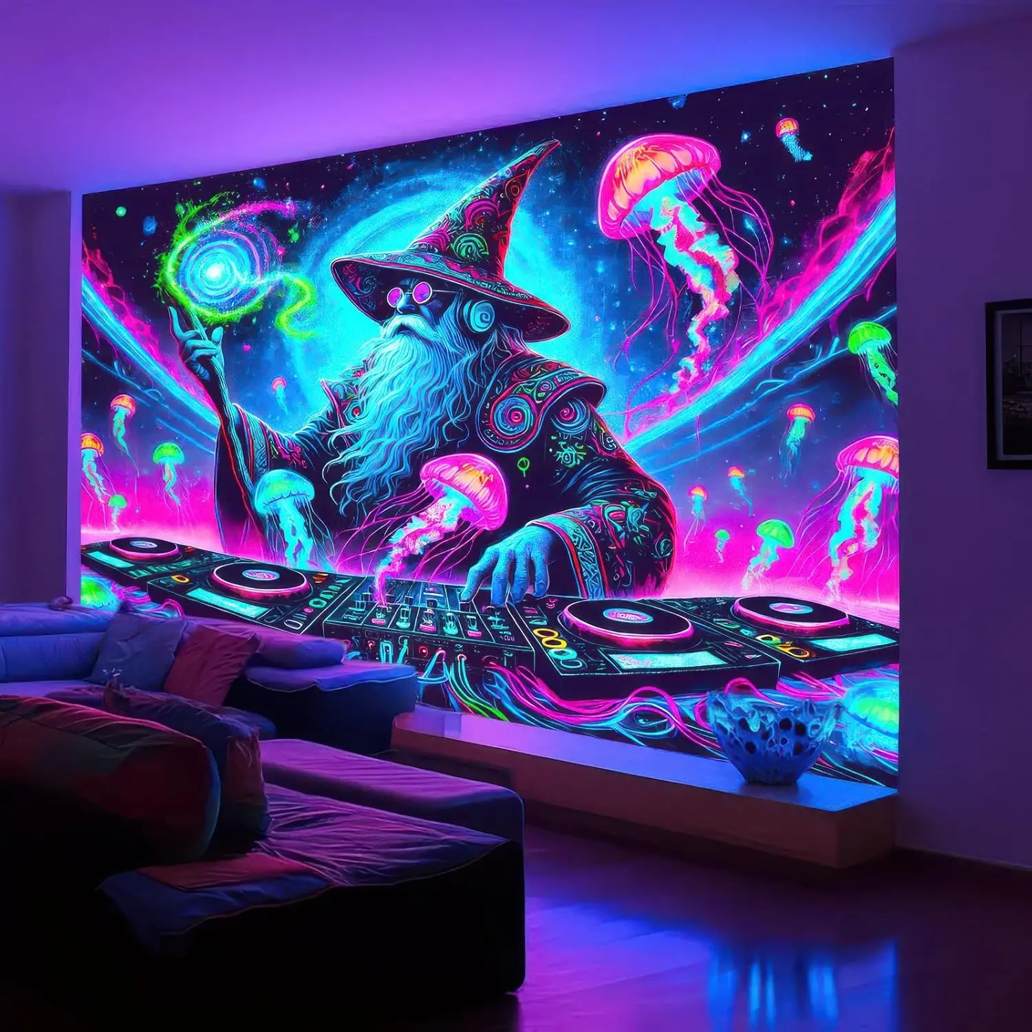 Ultimate Psychedelic Rave Neon Tapestry Wall Decor Bohemian Music Festival Cosmic Wizard DJ Art Hanging Poster Backdrop