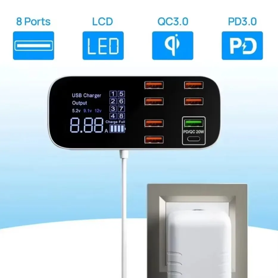 

40W 8 Port PD USB Super Fast Charger Station LED Display QC3.0 Desktop Quick Charge For iPhone 16 15 14 13 Tablet Xiaomi Samsung