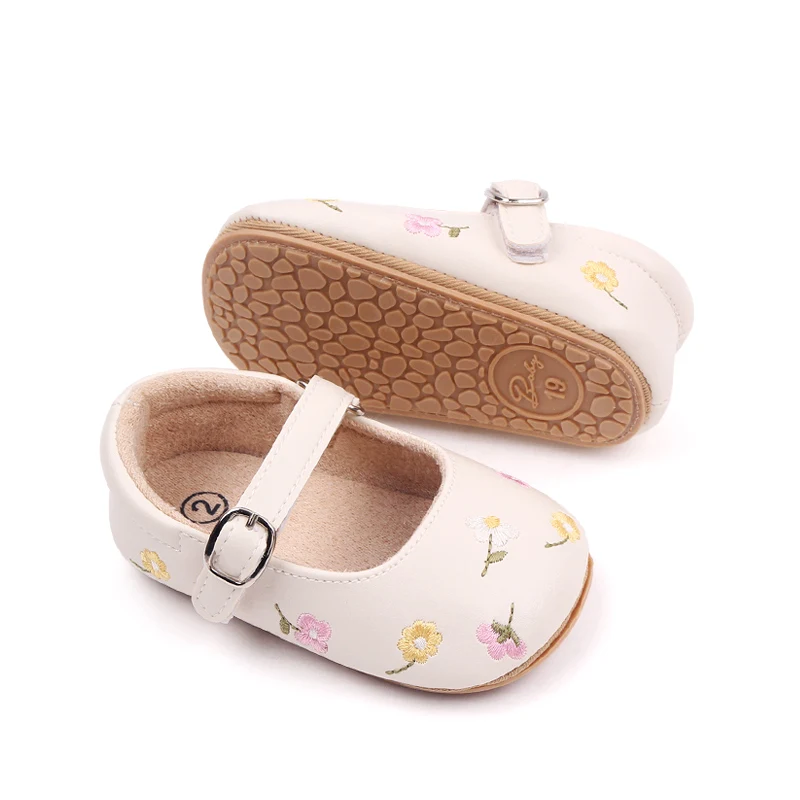 Baby Girls Mary Jane Flats PU Leather Infant Dress Shoes Floral Embroidery Princess Shoes