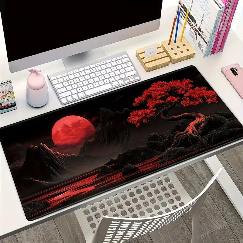 VIKAMA Oriental Zen Ink Blood Moon Black Mountain Pine XXL Desk Mat Anti Slip Water Reflection Gaming Keyboard Mouse Pad Decor