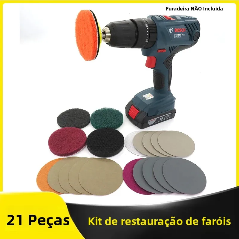 Kit de Restauração de Faróis de 2 Polegadas, 21 Peças para Furadeira Elétrica, Kit de Polimento DIY para Luzes Automotivas, Disco de Lixamento, Prato de Suporte e Almofada de Polimento