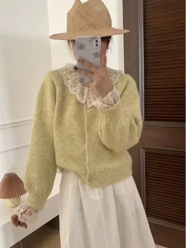 

Soft Cozy Doll Collar Knitted Sweater Coat for Women Lace Trim Design Autumn Winter New Sle High End Feeling Loose Fit Long...