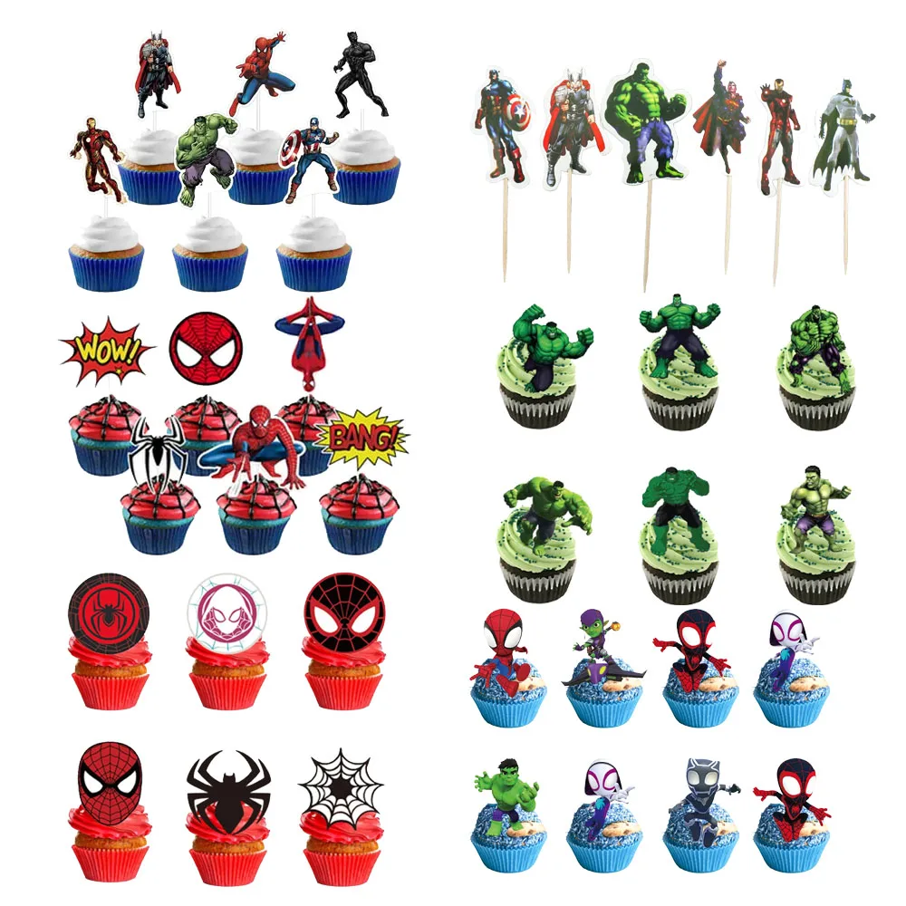 Adornos para tartas de superhéroes de Los Vengadores, 24 piezas, Spiderman, cupcakes, recuerdo para niños, fiesta de cumpleaños, suministros para tartas para bebés