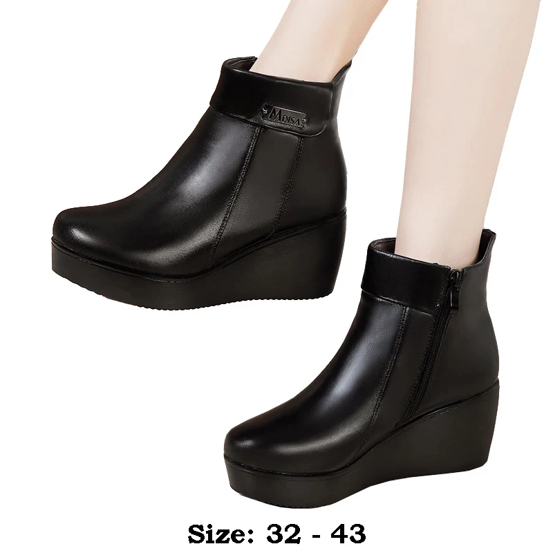 

high quality short ankle leather wedge boots for women 6cm mid heel platform new 2025 autumn winter 32 33 43 fashion shoe black