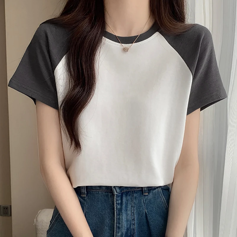 

Summer Tops For T Shirt Women Clothes Cotton Short Sleeve Patchwork T-Shirts Womens Korean Loose O Neck Casual Tee Shirt Femme