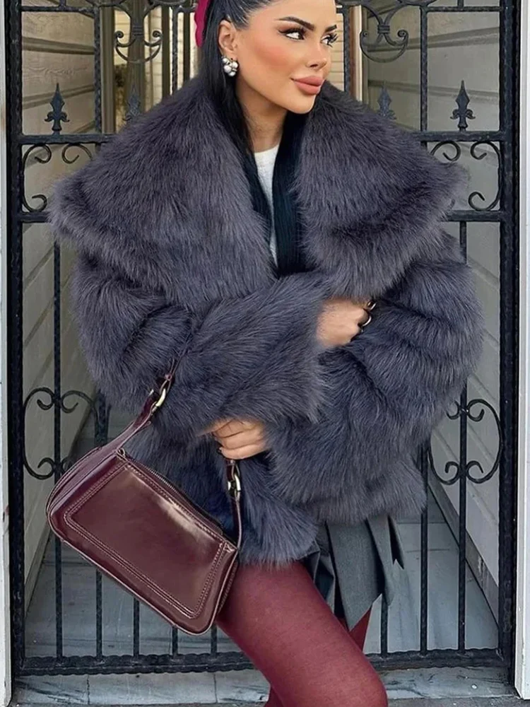 HH 2024 abrigo Vintage de piel sintética sólida para mujer, abrigos de lana de felpa cálidos de manga larga con cuello vuelto, prendas de vestir para invierno y otoño para mujer