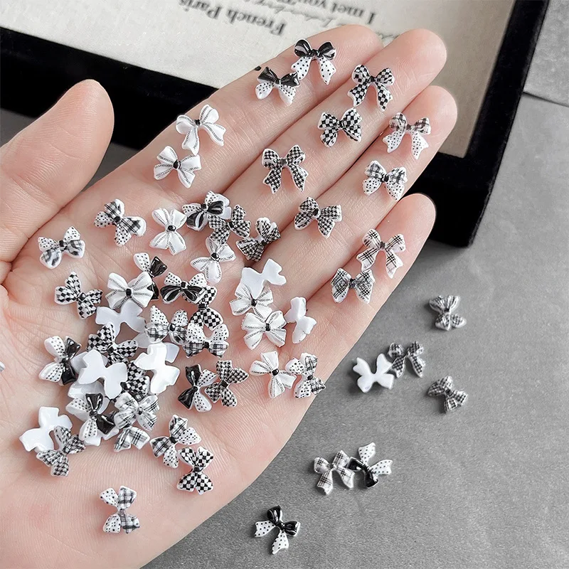 50PC Black White Striped Checkered Acrylic Nail Bow Tie Charms Ribbon Bowknot Accessories Manicure Nails Art Decoration Supplies